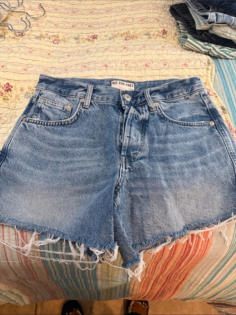 We The Free Light Blue High-Rise Frayed Hem Denim Shorts